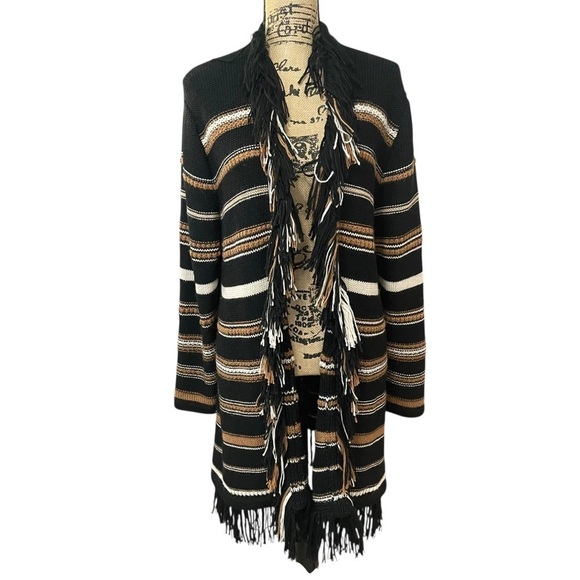 Johnny Was Sweaters - Johnny Was Ada Striped Cardigan Black Striped Fringe Alpaca Wool Size Large